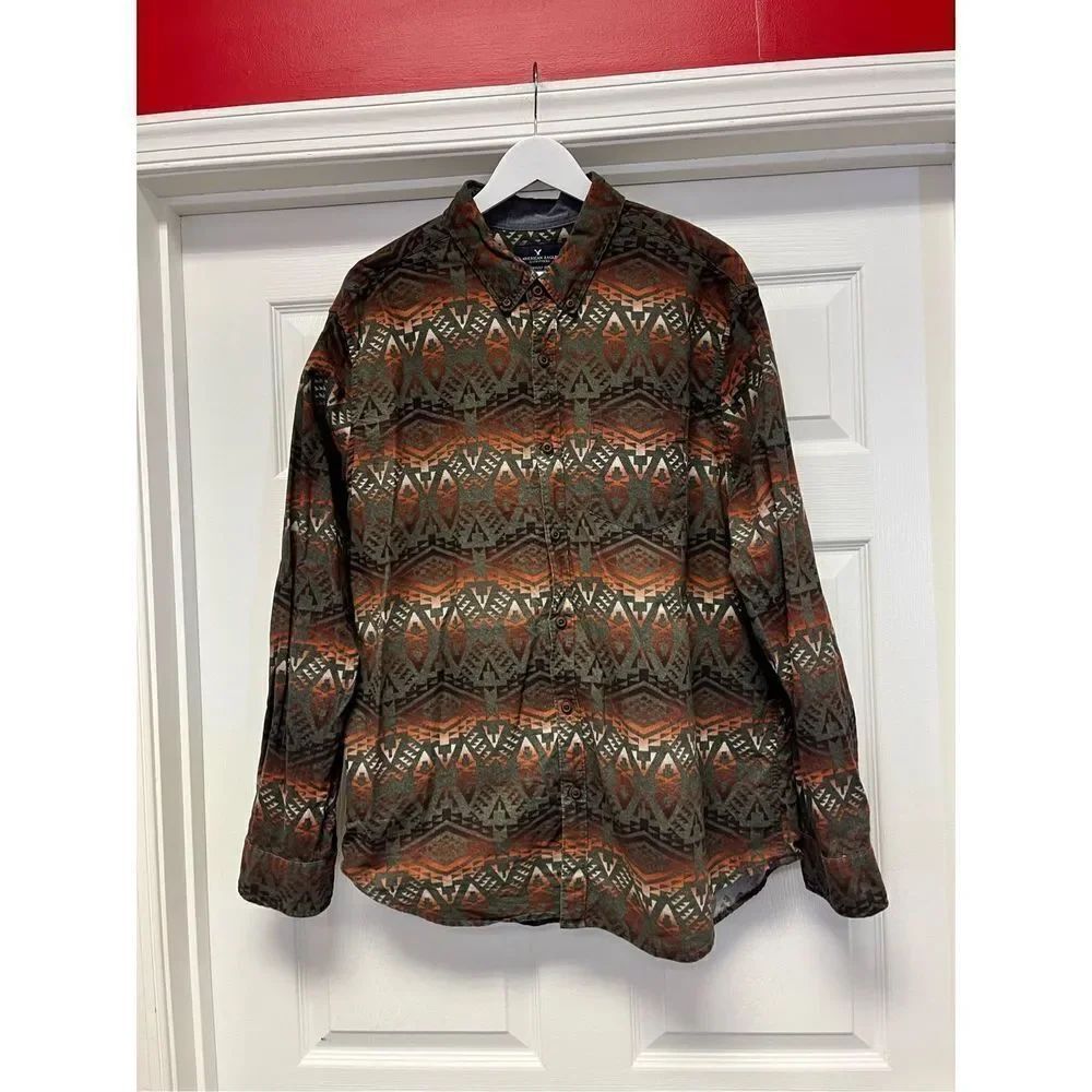 American Eagle Olive & Orange Southwest Print Blanket Button Down Shirt sz XL EU